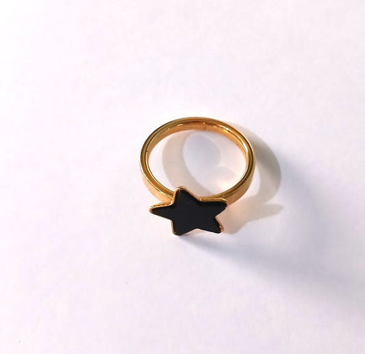 Gold-Toned Stainless Steel Ring for Women with a Distinctive Black Star Design.