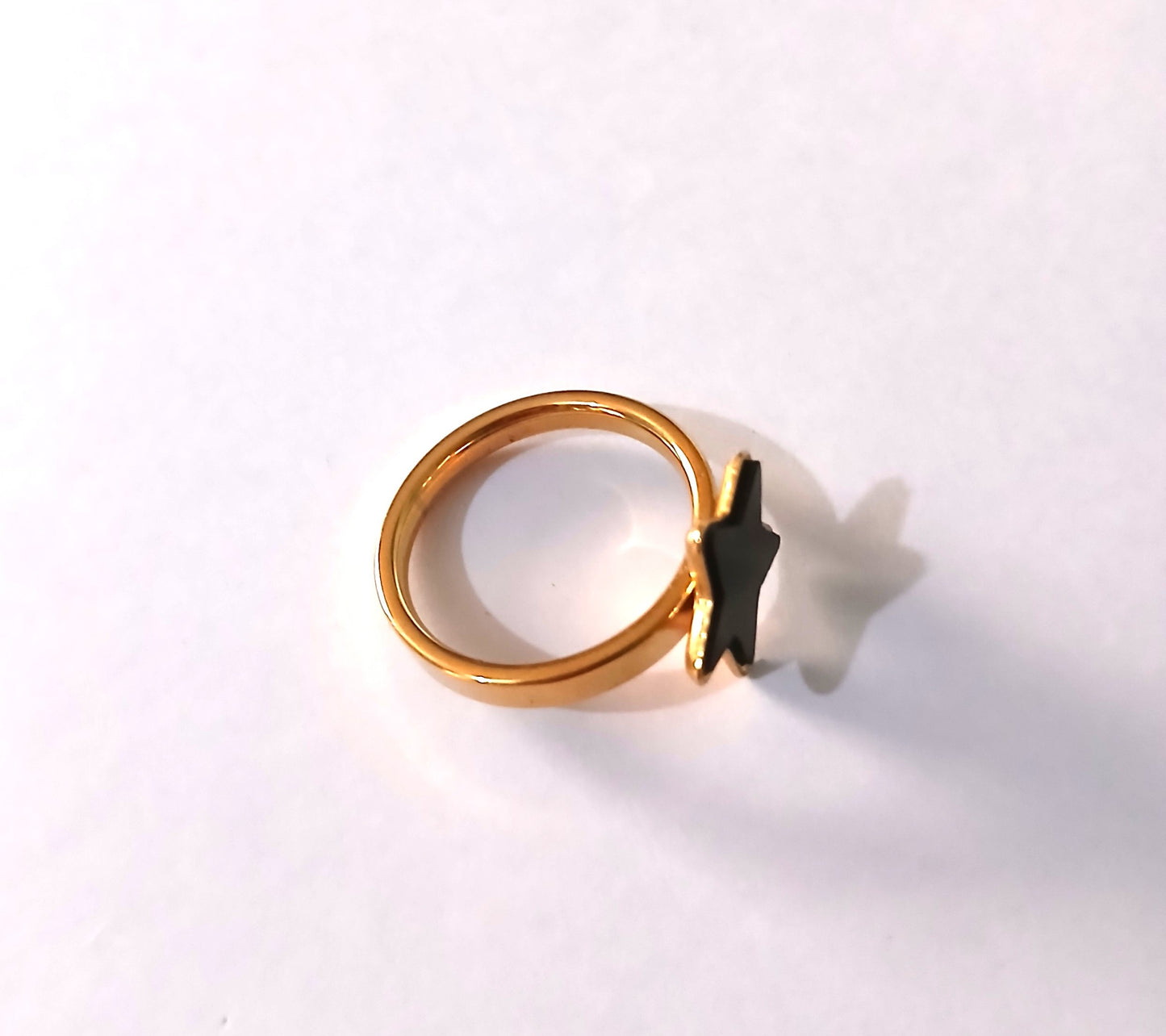 Gold-Toned Stainless Steel Ring for Women with a Distinctive Black Star Design.
