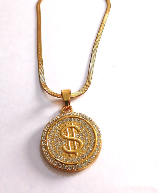 Gold-Colored Pendant Necklace with a Shiny US Dollar Pendant