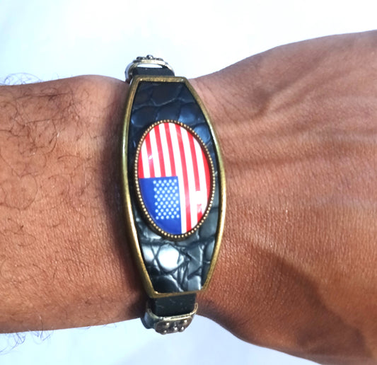 The American Flag on Black Leather Bracelet