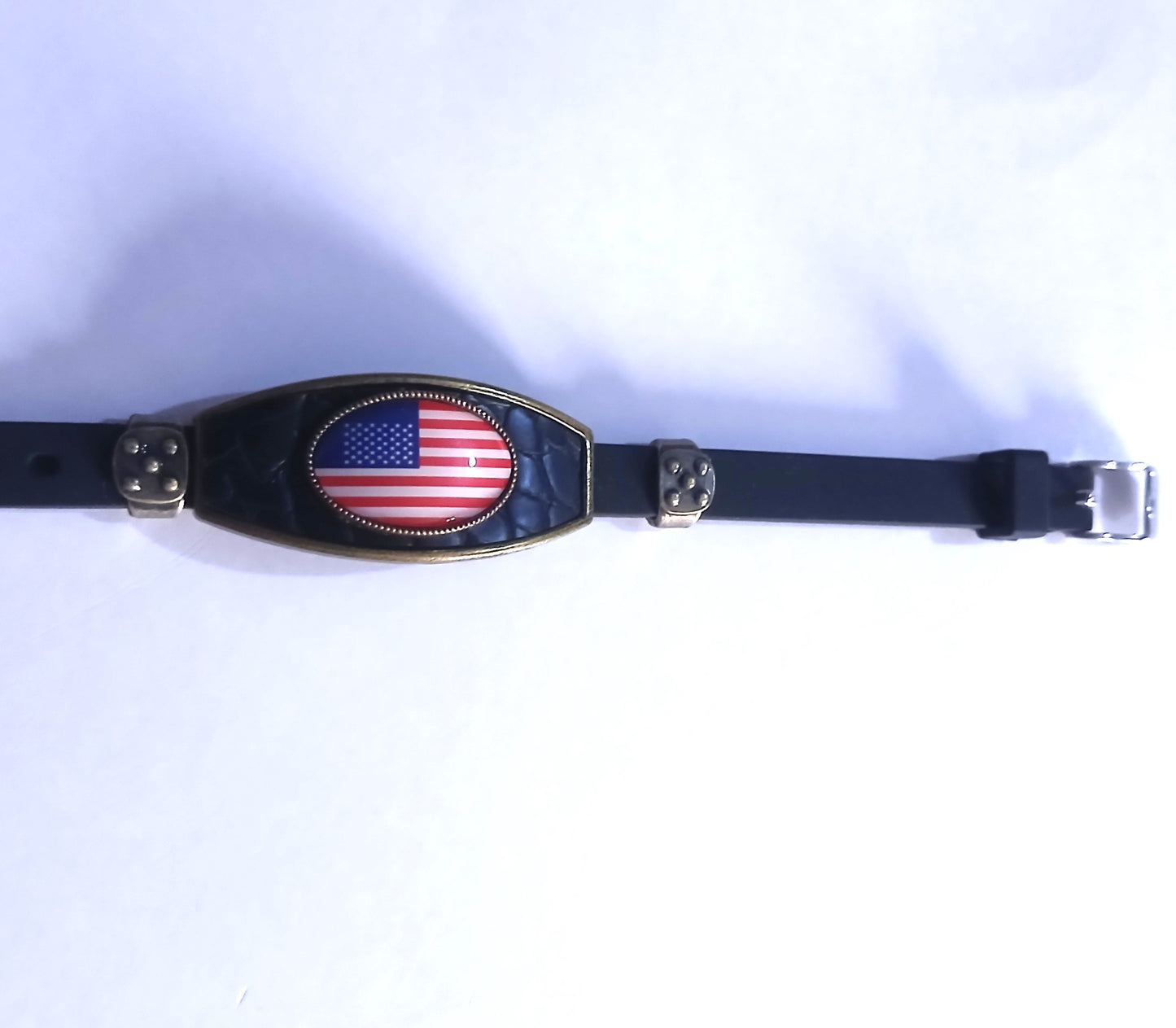The American Flag on Black Leather Bracelet