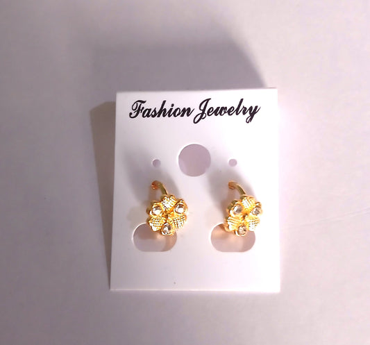 Gold floral earrings on a white card with 'Fashion Earrings' branding.
